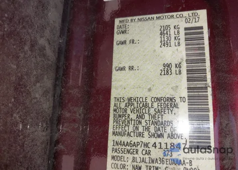 2017 Nissan Maxima 3.5 Sr z USA, uszkodzony, nr VIN 1N4AA6AP7HC411847